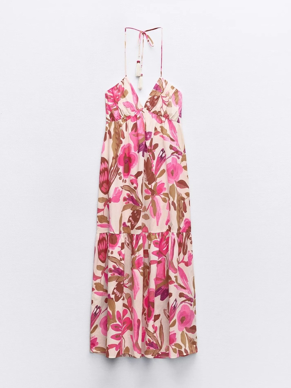 Zara Pink Floral Midi Dress with Brown Accents